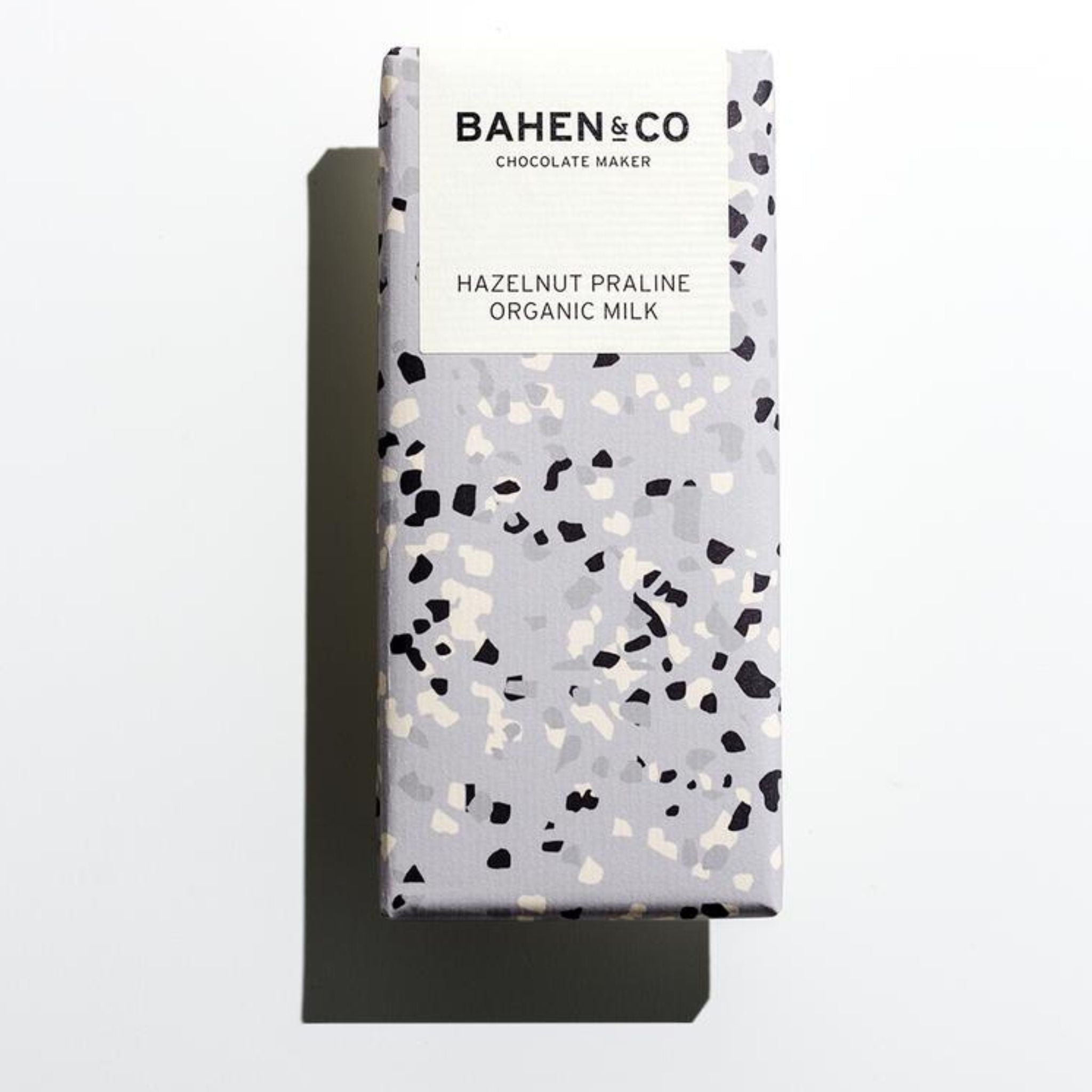 Organic Hazelnut Chocolate Bar Wrapped in Spotted Paper by Bahen and Co