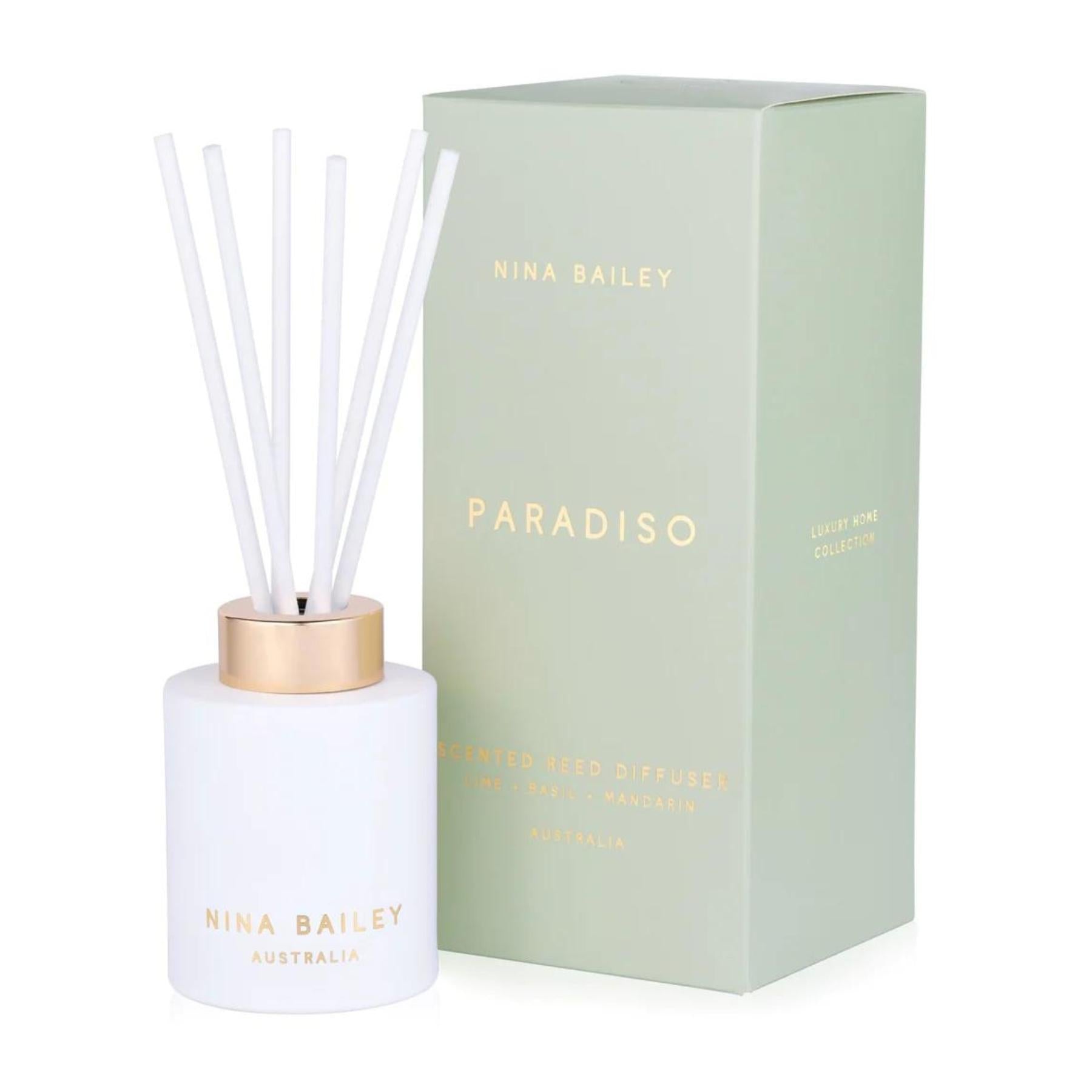 White Glass Reed Diffuser, gold writing and Green Box, Nina Bailey. Greenify Co.