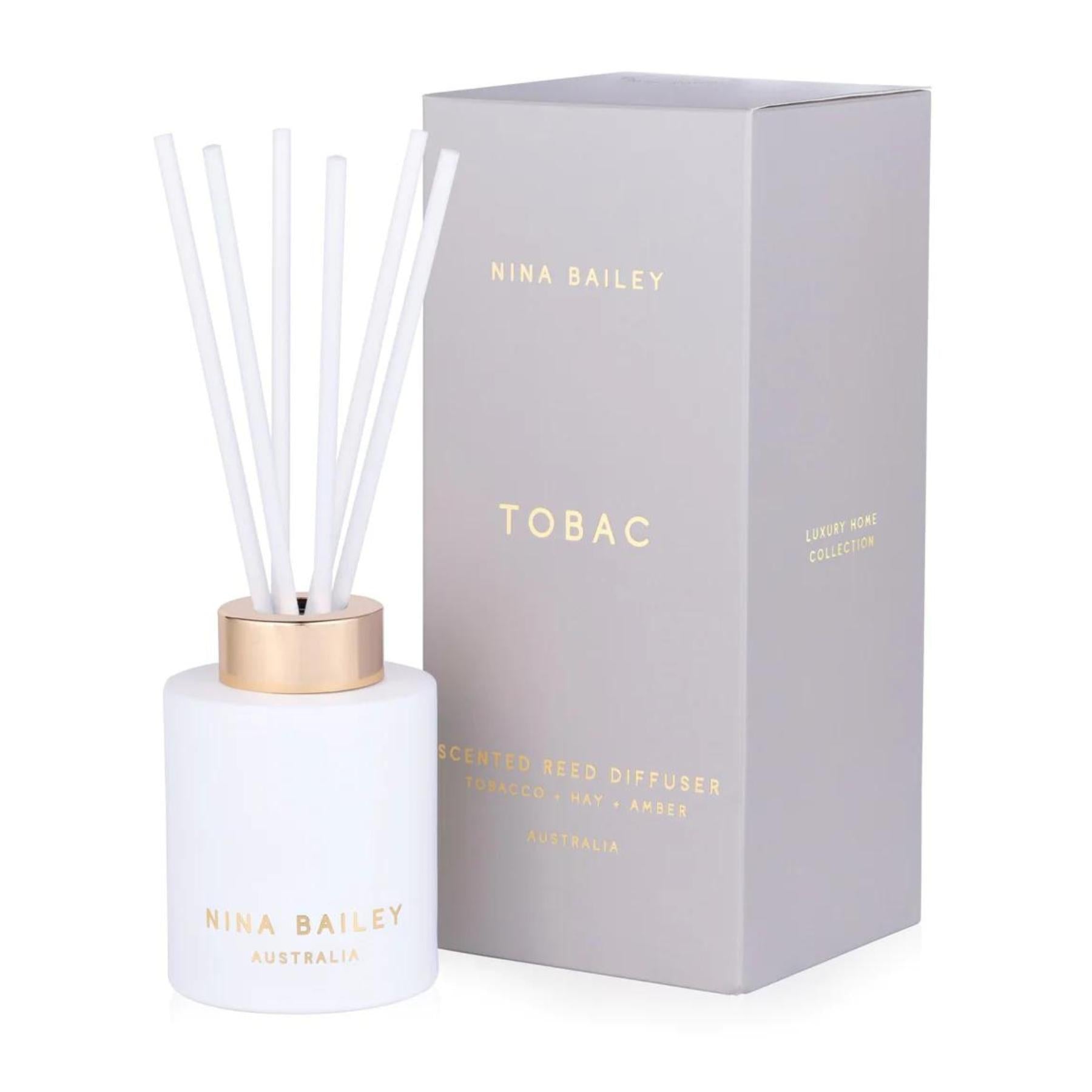 White Glass Reed Diffuser with Gold Trim and logo, Nina Bailey. Greenify Co.