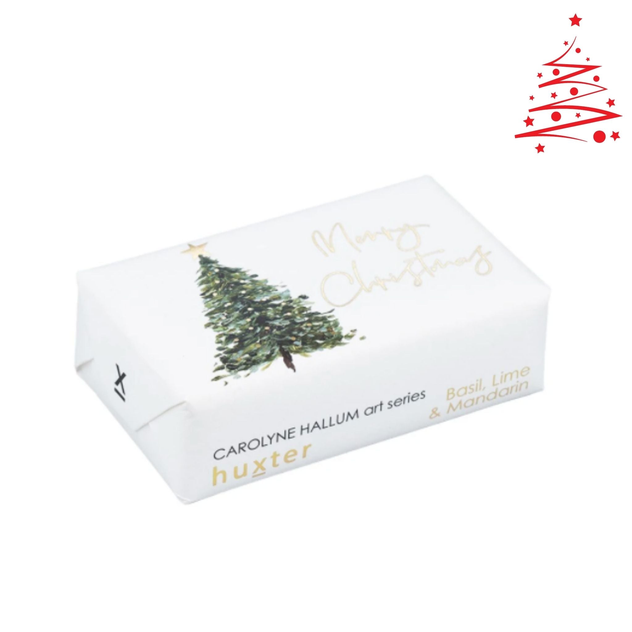 Merry Christmas Soap Bar, wrapped in paper with Christmas Tree image